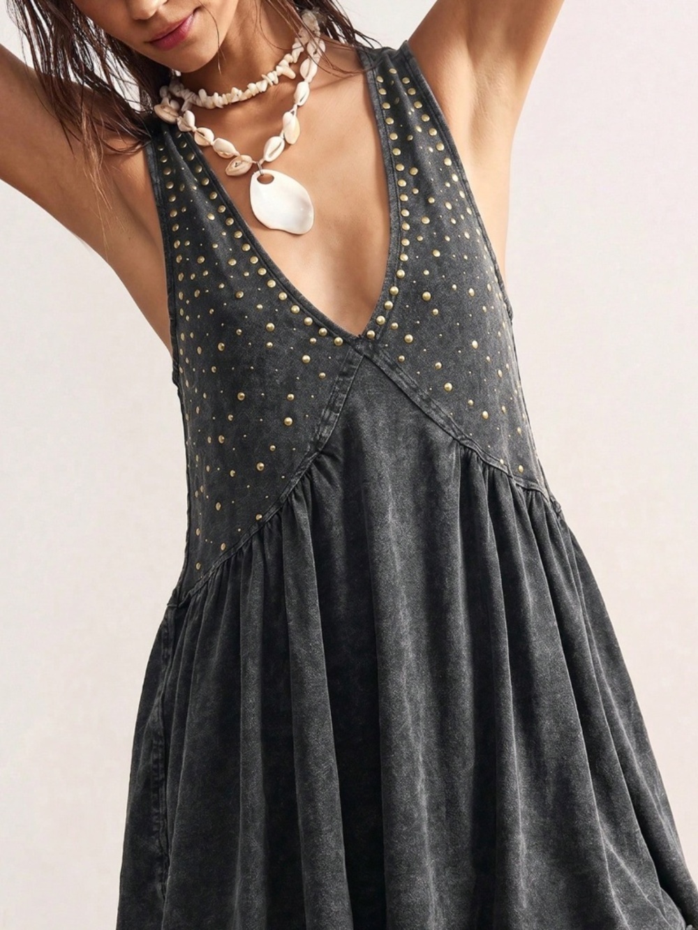 100% Cotton Grey Bohemian Stud Detail V-Neck Mini Pleated Flared Dress - Picture 7 of 8